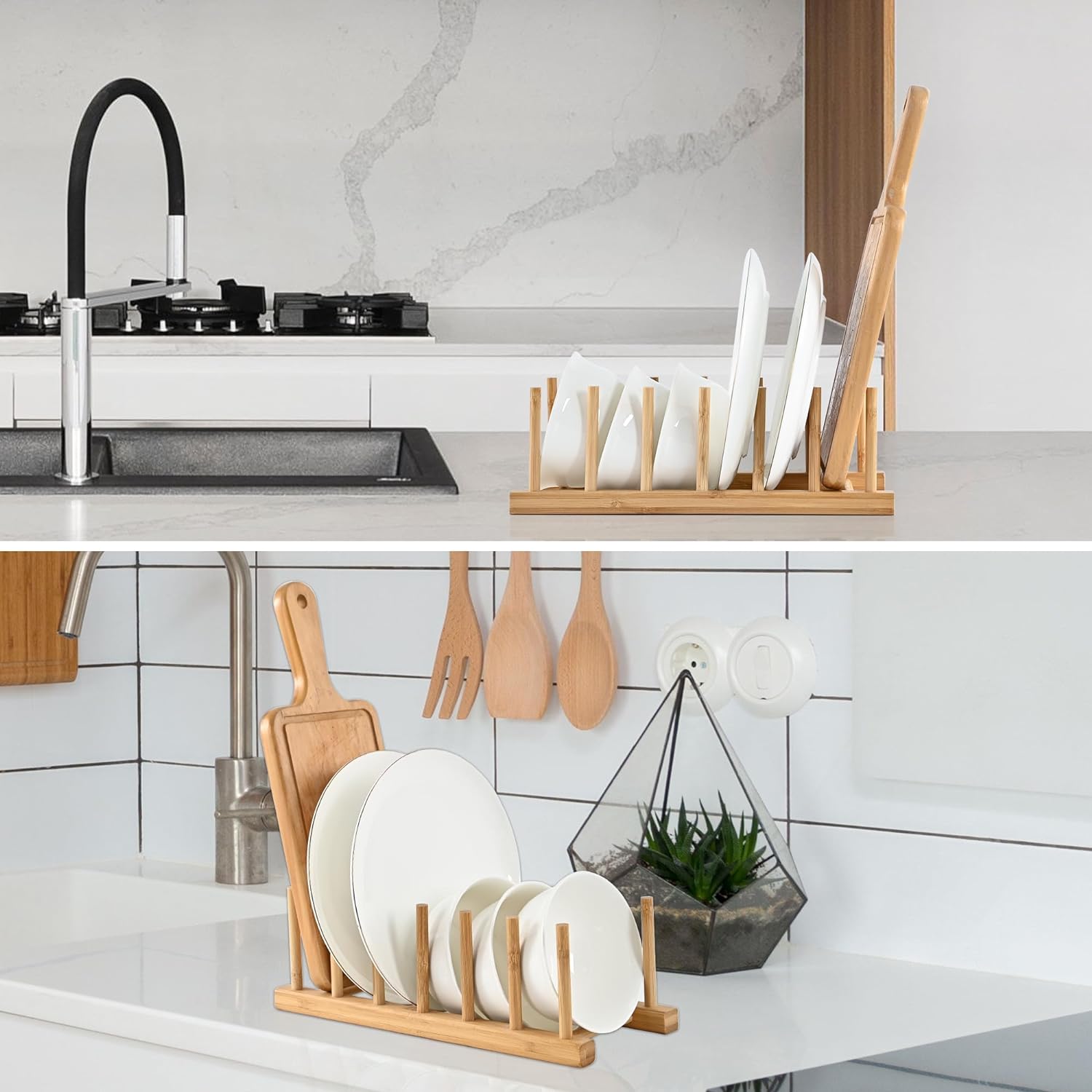 Bamboo Dish Rack, Plates Holder, Compact Kitchen Storage, Cabinet Organizer -Pack of 2 Bamboo Dish Rack, Plates Holder, Compact Kitchen Storage, Cabinet Organizer -Pack of 2